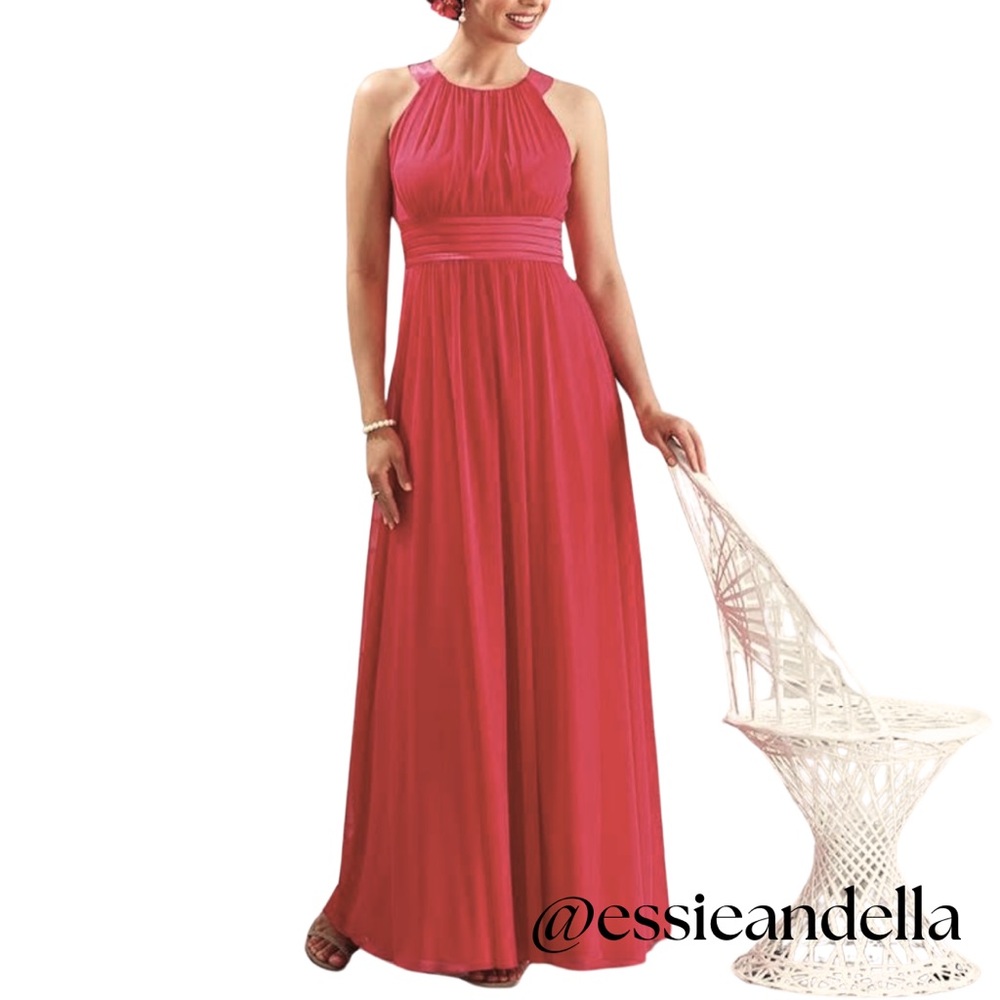 David's Bridal Halter Chiffon Coral Maxi Dress